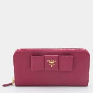 Prada Pink Saffiano Metal Leather Bow Continental Wallet