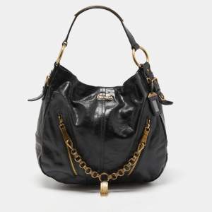 Prada Black Vitello Shine Leather Front Zip Hobo
