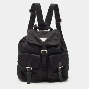 Pre Owned Prada Black Re-Nylon and Saffiano Leather Medium Backpack