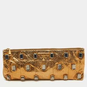 Pre Owned Prada Gold Watersnake Leather Whips Pietre Clutch