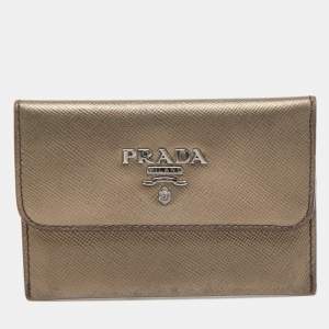 Prada Metallic Saffiano Metal Leather Logo Flap Card Case