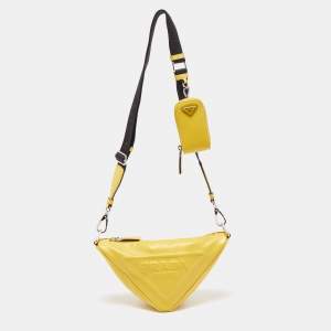 Pre Owned Prada Yellow Leather Triangle Shoulder Bag