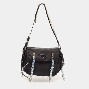 Prada Black/Blue Nylon and Leather New Vela Studded Messenger Bag