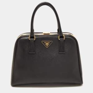 Prada Black Saffiano Lux Leather Pyramid Frame Satchel