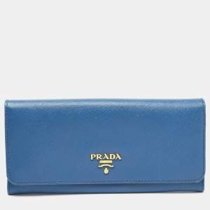 Pre Owned Prada Blue Saffiano Leather Logo Flap Continental Wallet