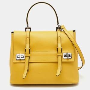 Pre Owned Prada Yellow Saffiano Cuir Leather Double Turn Lock Top Handle Bag
