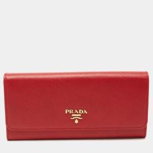 Prada Red Saffiano Metal Leather Logo Flap Continental Wallet