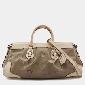 Pre Owned Prada Beige Canvas and Leather Jacquard Logo Satchel