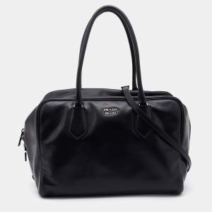 Prada Black Leather Top Zip Boston Bag