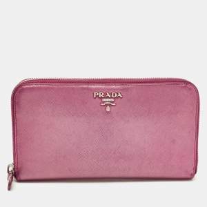 Prada Metallic Magenta Saffiano Metal Leather Zip Around Wallet