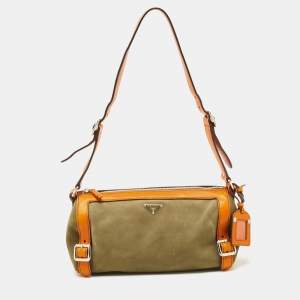 Prada Orange/Olive Green Suede and Leather Duffel Bag