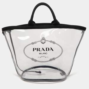 Prada Black/Clear PVC and Canvas Logo Beach Tote