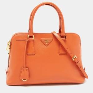 Pre Owned Prada Orange Saffiano Lux Leather Dome Satchel