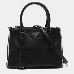 Prada Black/White Saffiano Lux Leather Small Galleria Tote