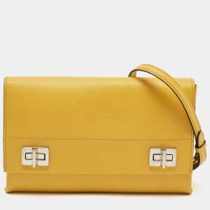 Prada Yellow Saffiano Leather Double Turn Lock Chain Shoulder Bag