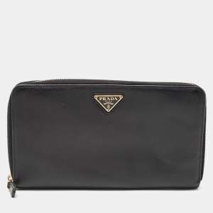 Prada Black Saffiano Leather Zip Around Clutch