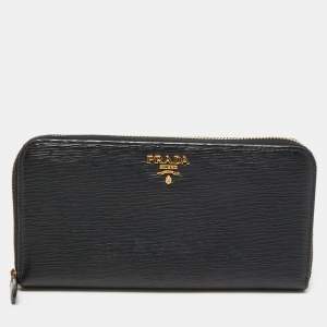 Prada Black Leather Zip Around Continental Wallet