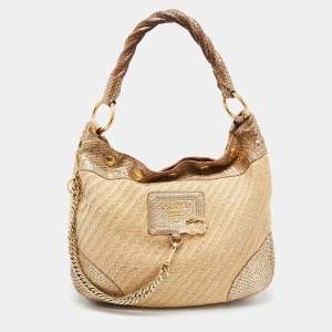 Pre Owned Prada Gold/Natural Jute and Python Trimmed Hobo