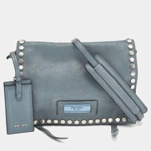 Pre Owned Prada Grey Leather Studded Etiquette Crossbody Bag