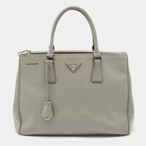 Pre Owned Prada Grey Saffiano Lux Leather Medium Double Zip Tote