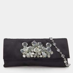 Pre Owned Prada Black Satin Crystal Embellished Chain Clutch