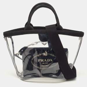 Prada Black/Clear PVC and Canvas Logo Beach Tote