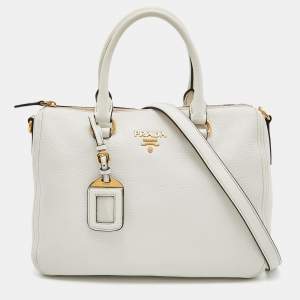 Pre Owned Prada White Vitello Daino Leather Boston Bag