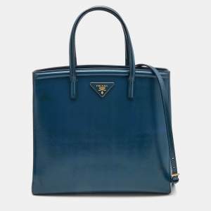 Pre Owned Prada Teal Blue Saffiano Vernice Leather Parabole Tote