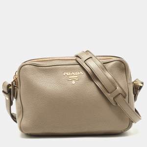 Prada Grey Leather Double Zip Camera Crossbody Bag