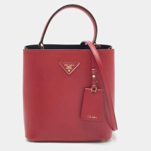 Pre Owned Prada Red Saffiano Cuir Leather Medium Panier Top Handle Bag