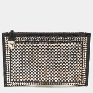 Prada Black/Silver Woven Madras Leather Zip Pouch