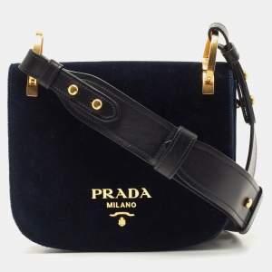 Pre Owned Prada Navy Blue/Black Velvet and Leather Pionniere Saddle Bag