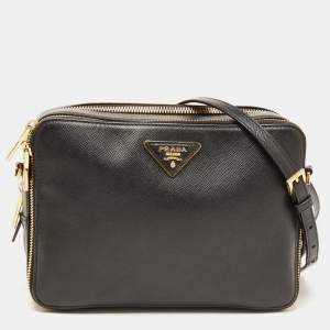 Prada Black Saffiano Lux Leather Double Zip Camera Crossbody Bag