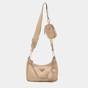 Prada Beige Nylon and Leather Re-Edition 2005 Baguette Bag