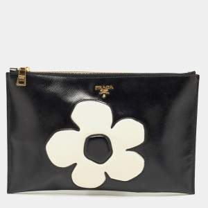 Pre Owned Prada Black/White Saffiano Vernice Flower Zip Pouch