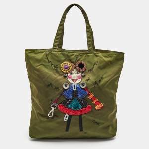 Pre Owned Prada Green Nylon Embroidered Robot 6 Tote