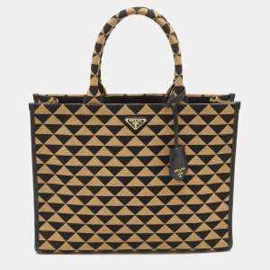 Pre Owned Prada Black/Cream Symbole Embroidered Fabric Tote