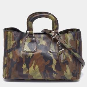 Pre Owned Prada Green Camouflage Leather Spazzolato Shopper Tote