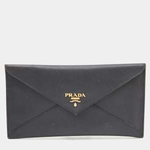 Prada Black Saffiano Lux Leather Envelope Clutch