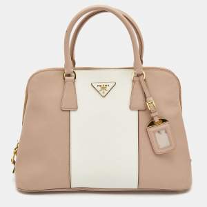Prada Pink/White Saffiano Lux Leather Large Promenade Satchel