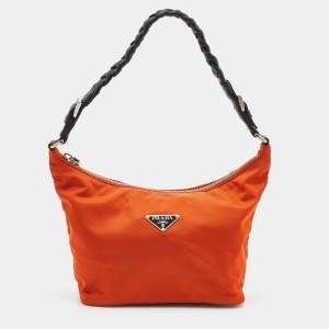Prada Orange/Black Nylon and Leather Zip Baguette Bag