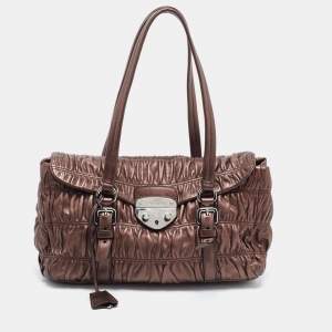 Prada Metallic Dark Brown Matelasse Leather Pushlock Flap Shoulder Bag