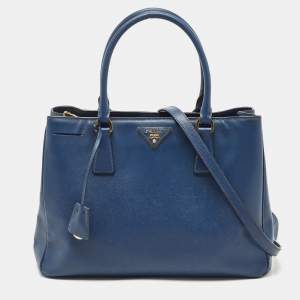Pre Owned Prada Navy Blue Saffiano Lux Leather Medium Double Zip Tote