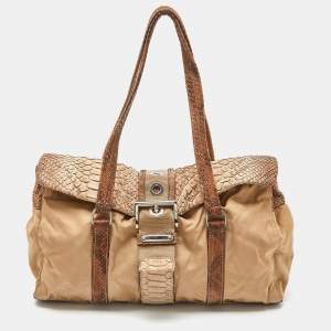 Pre Owned Prada Beige Python and Nylon Buckle Flap Satchel