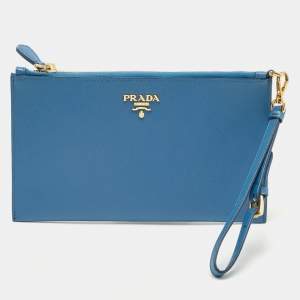 Prada Blue Saffiano Lux Leather Flat Wristlet Pouch