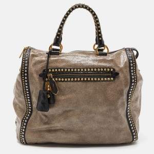 Pre Owned Prada Talco Craquele Leather Studded Bauletto Tote