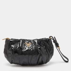 Pre Owned Prada Black Stripes Patent Leather Wristlet Clutch