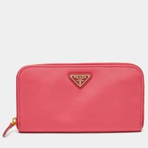 Prada Pink Nylon Triangle Logo Zip Around Wallet