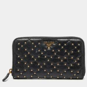 Prada Black Quilted Leather Studded Continental Wallet