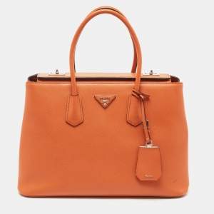 Pre Owned Prada Orange Saffiano Leather Large Twin Tote